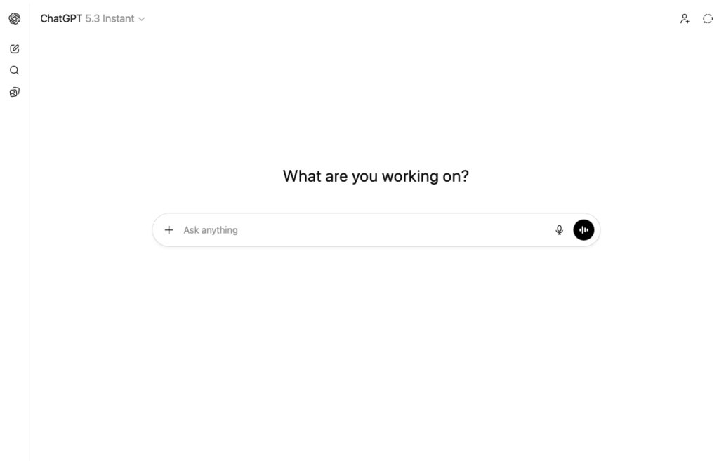 Screenshot of the ChatGPT 5.3 Instant home screen showing an empty chat interface with the prompt "What are you working on?" and an "Ask anything" input field with microphone and voice input buttons.